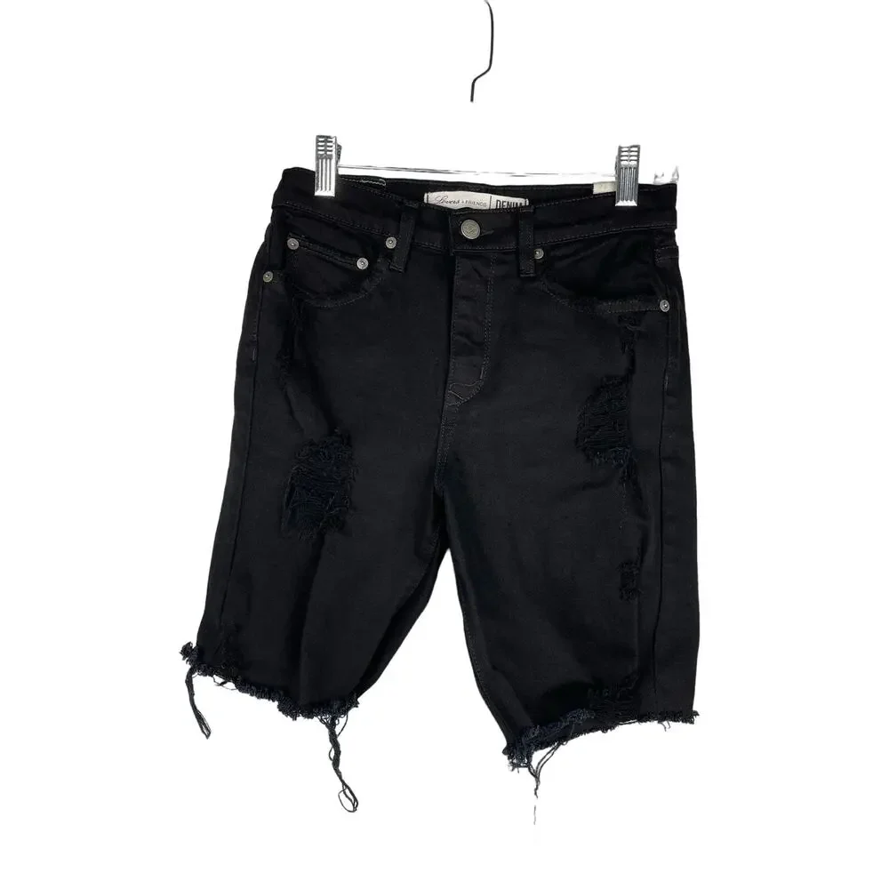 Lovers + Friends Denim Nathan High Rise Long Cut Off Shorts Black 25 Modest 8”